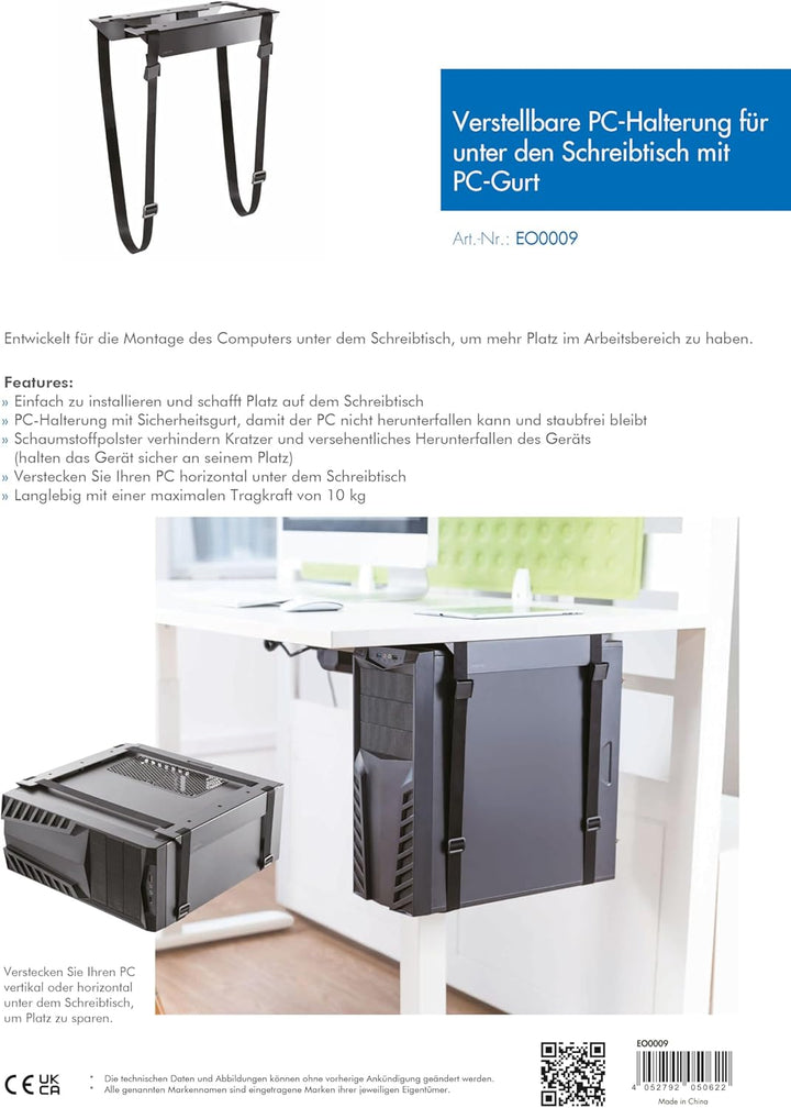 LogiLink EO0009 Einstellbare Untertisch PC-Halterung mit Gurt PC-Halterung (Untertisch-Gurt), PC-Hal