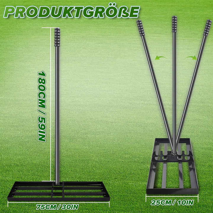 MaxEarn Rasen Nivellierrechen, 75x25 cm Garten Rasenrakel, Metall Rasenrechen mit 180 cm Verlängerte
