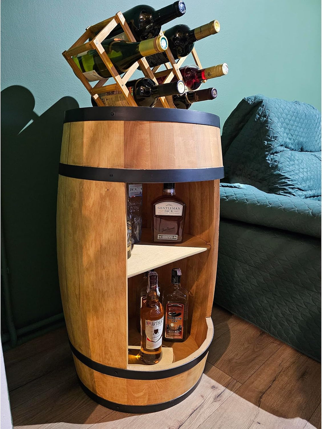 CREATIVE COOPER Fass bar LED RGB mit Weinhalter - Weinregal - Holzfass Hausbar 80x50cm - Rustikaler