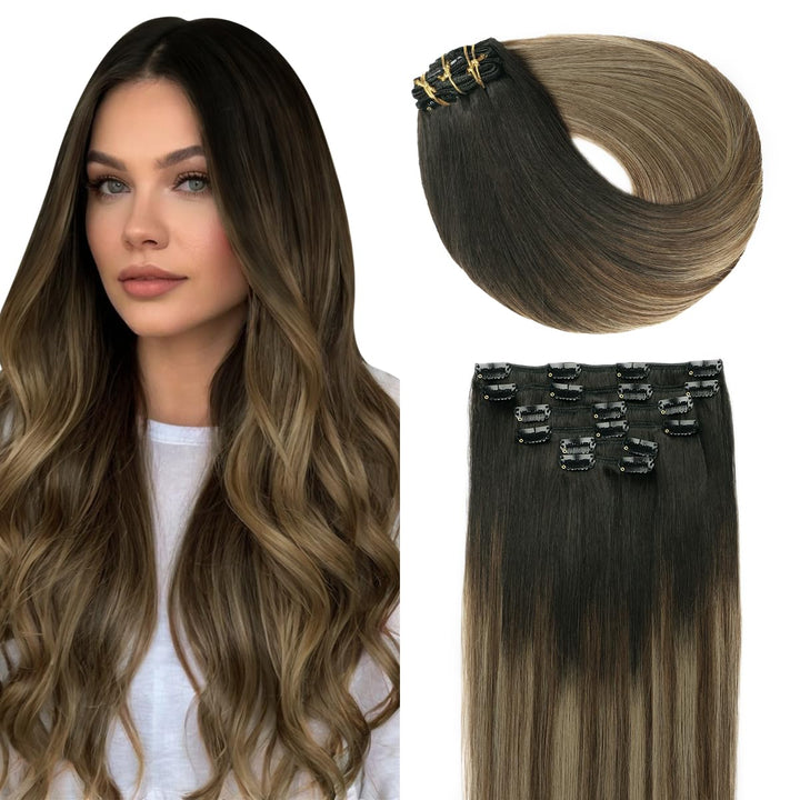 SURNEL Clip in Extensions Eechthaar, 50cm 20 Zoll 120g 6pcs Balayage Schokoladenbraun bis Karamellbl