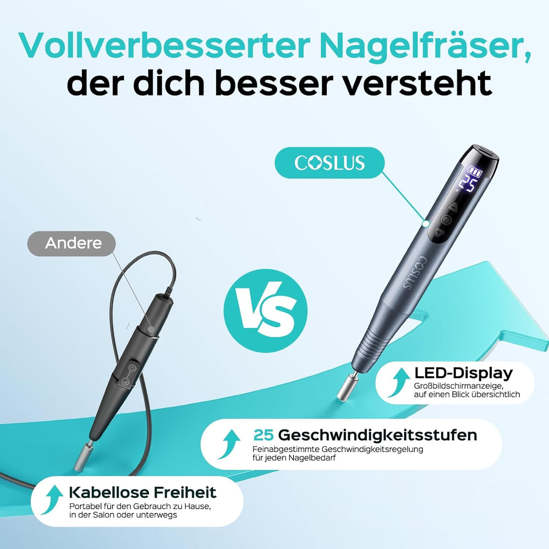 COSLUS C51 Kabellos Tragbar Elektrischer Nagelfräser: Elektrische Nagelfeile für Gelnägel 35000 u/mi