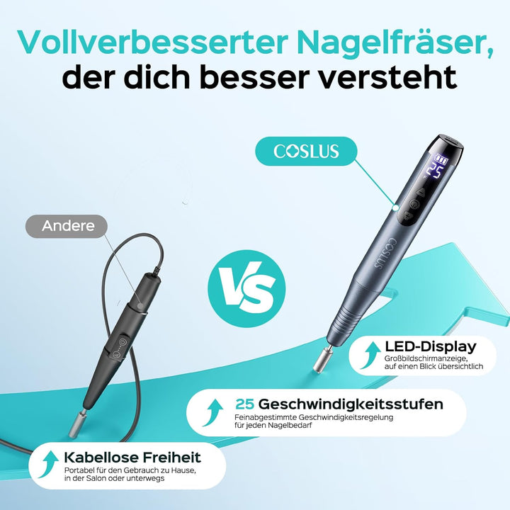 COSLUS C51 Kabellos Tragbar Elektrischer Nagelfräser: Elektrische Nagelfeile für Gelnägel 35000 u/mi