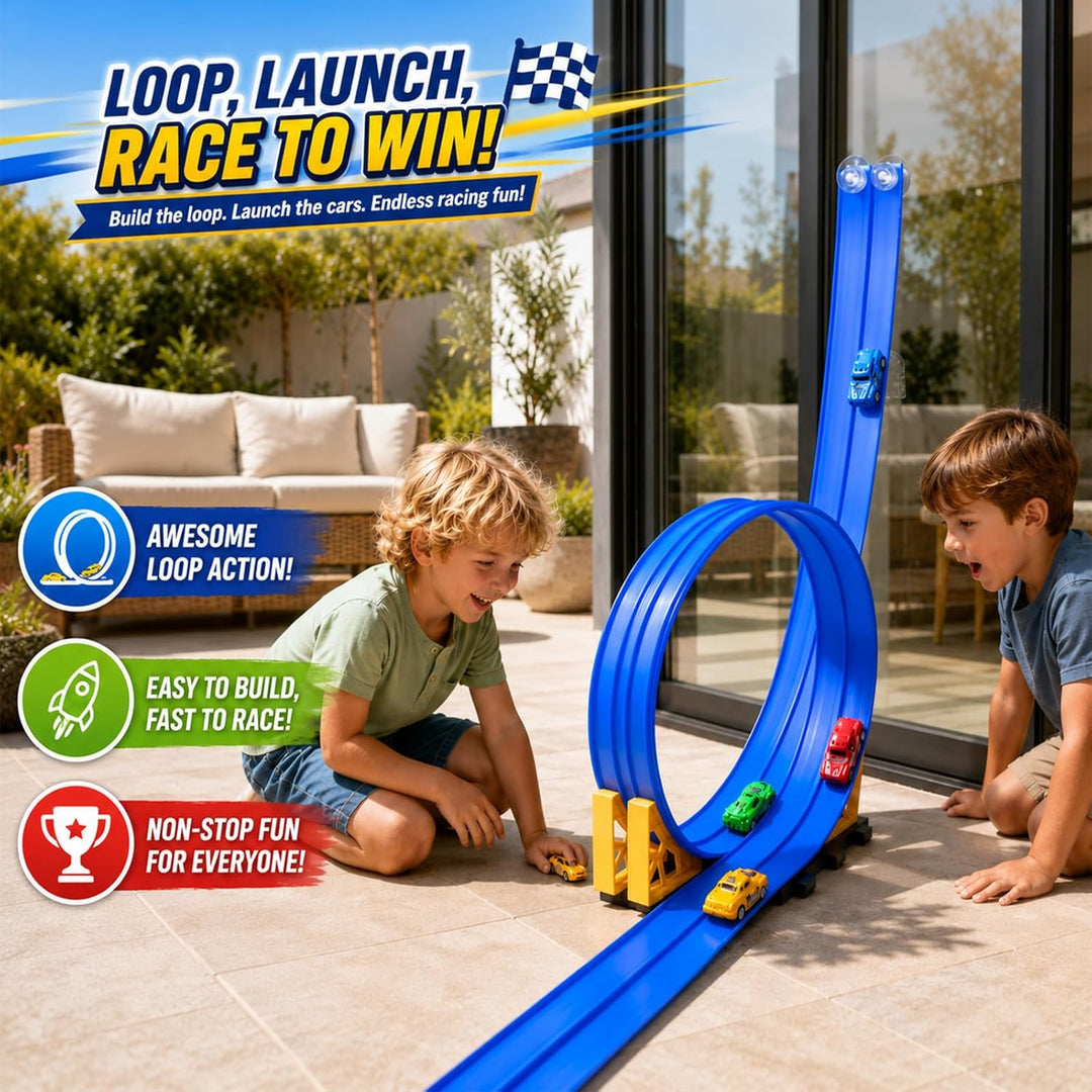 BunnyJOY Flexible Autorennbahn für Kinder mit 4 Rückziehautos, 2 Looping Rennbahn, Rampen Schwerkraf