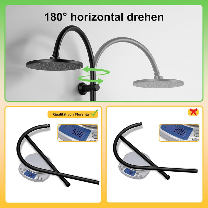 Regendusche Duschsystem ohne Armatur, Duschset mit Edelstahl Duschstange, Duschsäule mit ABS Kopfbra