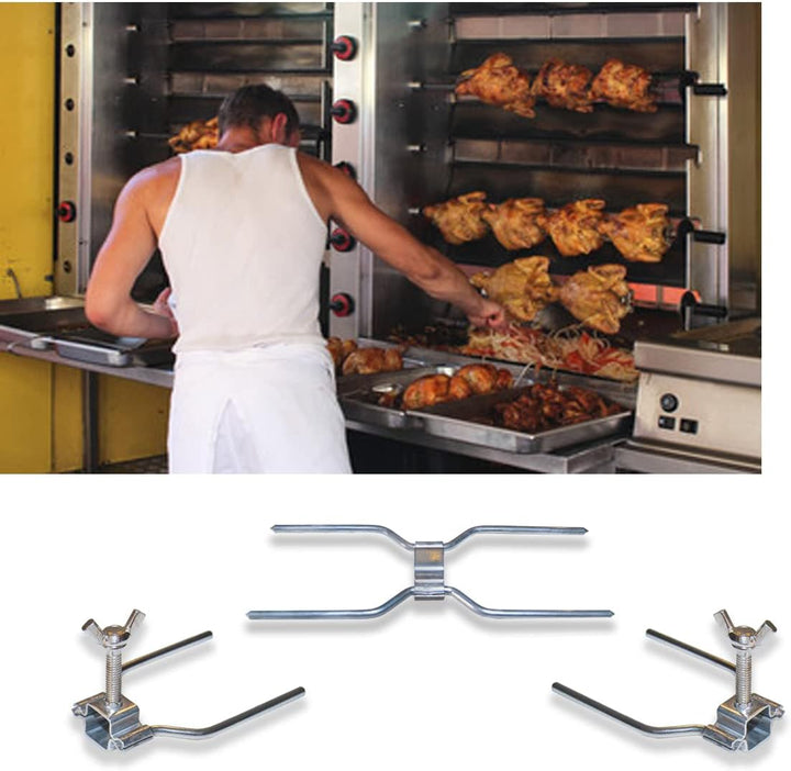 Hühnerspiess-Set aus Stahl, für professionelle Grills, Universal-Ersatzteil mit 3 Doppelklammern und