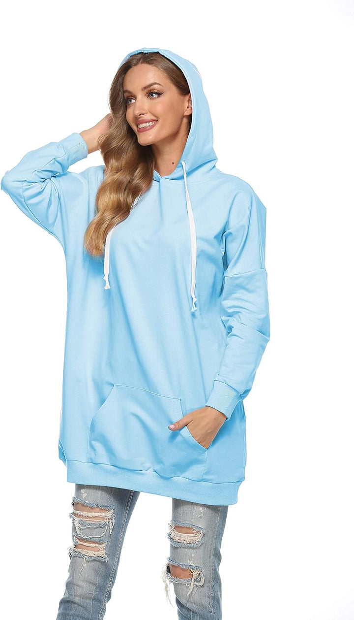 Famulily Damen Oversized Hoodie Kleid Baumwolle Lang Sweatshirt mit Kapuze Einfarbige Kapuzenpullove