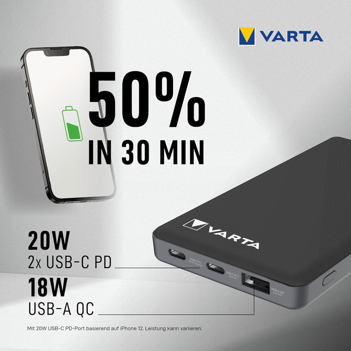 VARTA Power Bank 10000mAh, Powerbank Power on Demand mit 4 Anschlüssen (1x Micro USB, 2x USB A, 1x U