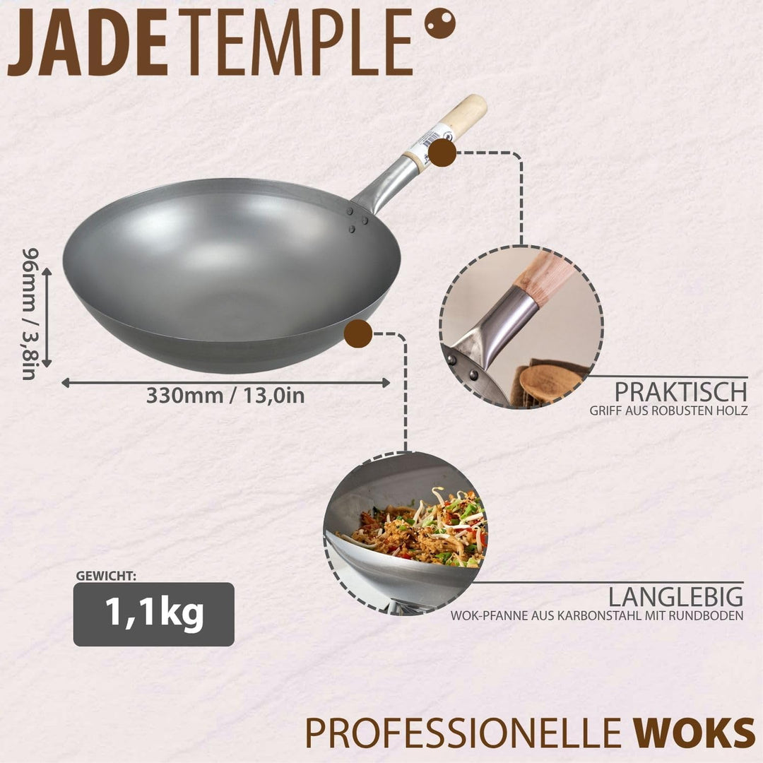 JADE TEMPLE Wok aus Carbonstahl, mit rundem Boden und 33 cm Durchmesser, mit rundem Holzgriff, 56 x