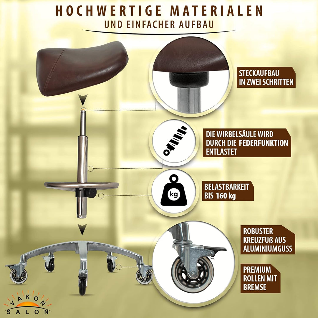 Premium Sattelhocker braun mit Bremse, Sattelstuhl für Rückenentlastung, Rollhocker höhenverstellbar