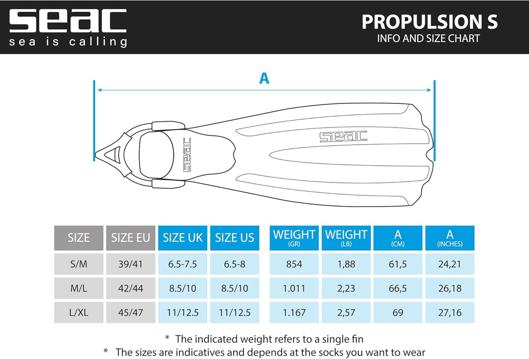 Seac PROPULSION S Geräteflossen mit Sling Straps (Bungees) Azul L-XL, Azul L-XL