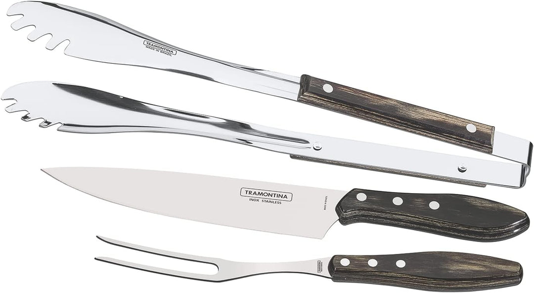 Tramontina Grillbesteck Set, 3-teilig, Grillzange, Tranchiermesser,Tranchiergabel aus rostfreiem Ede