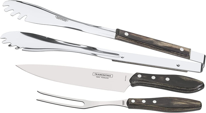 Tramontina Grillbesteck Set, 3-teilig, Grillzange, Tranchiermesser,Tranchiergabel aus rostfreiem Ede