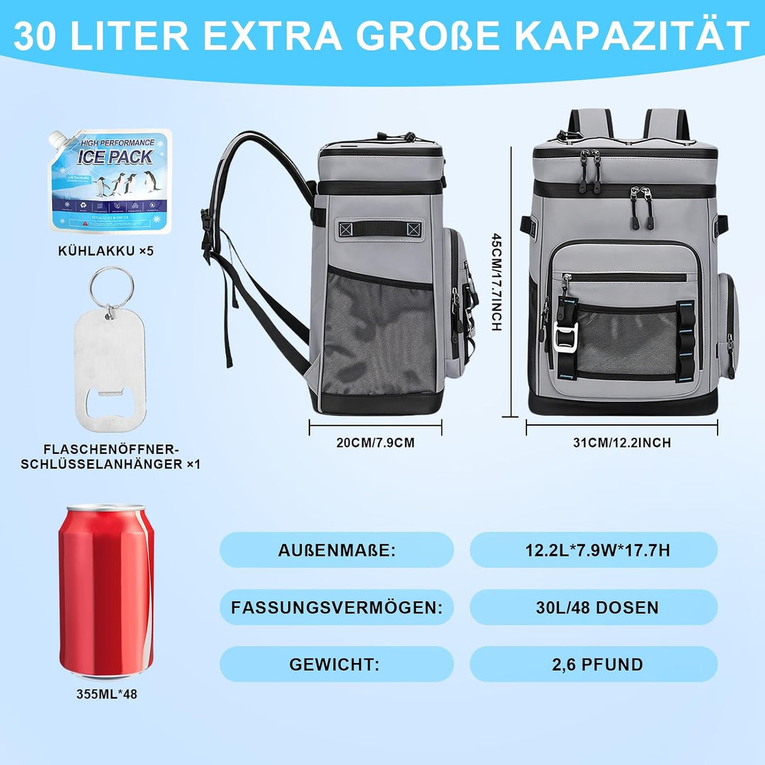 Kühlrucksack 30 Liter Isolierrucksack – Wasserdicht und Auslaufsicher Mit 4 Kühlakkus Flaschenöffner