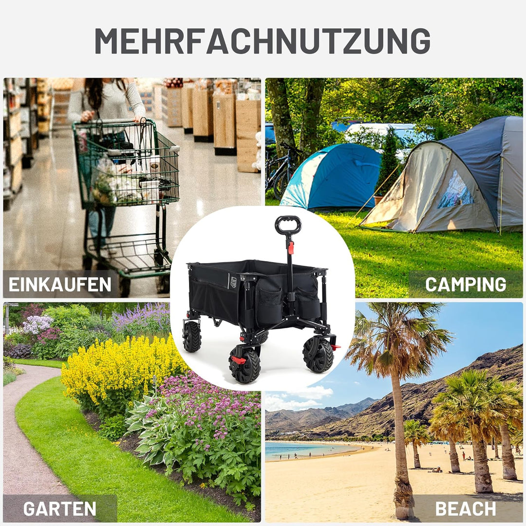 TIMBER RIDGE XXL Bollerwagen Faltbar 200L Breite Reifen Strandwagen Klappbar mit Bremsen Seitentasch
