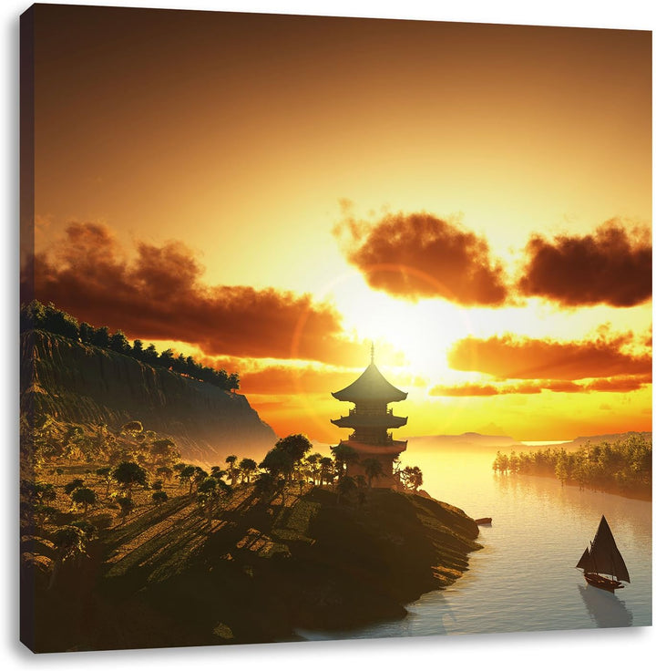 Chinesisches Haus am See, Format: 70x70 auf Leinwand, XXL riesige Bilder fertig gerahmt mit Keilrahm