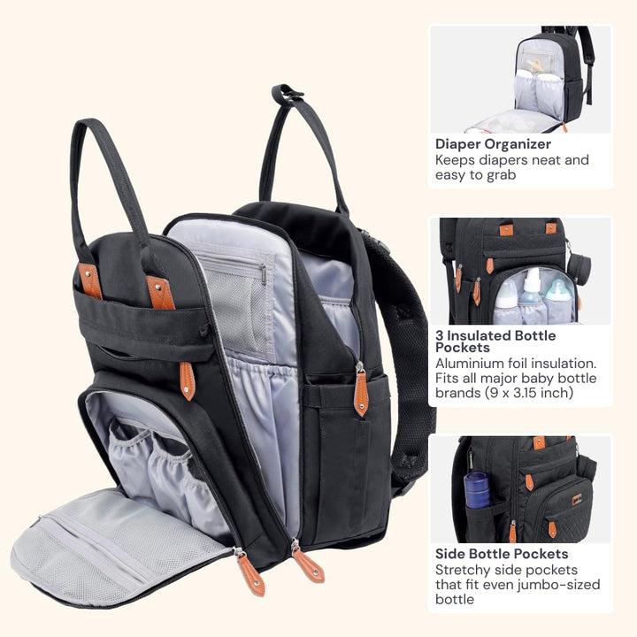 BabbleRoo Baby Wickeltasche/Rucksack, Wickelrucksack lässige Wickeltaschen Schwarz, Schwarz