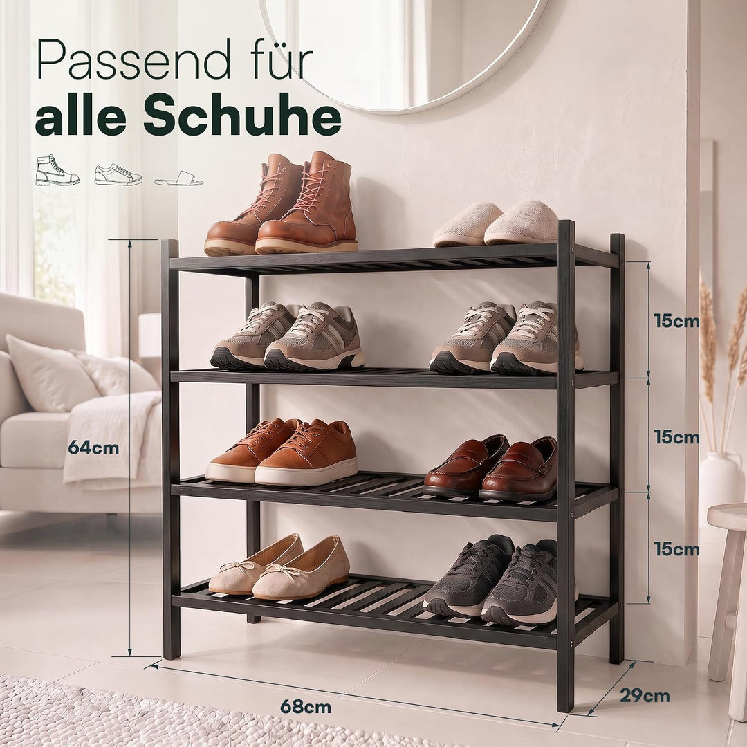 Schuhregal aus Bambus, Schuhablage mit 4 Ebenen, 68 x 28 x 64 cm, Erweiterbar Stapelbar, Schuhschran