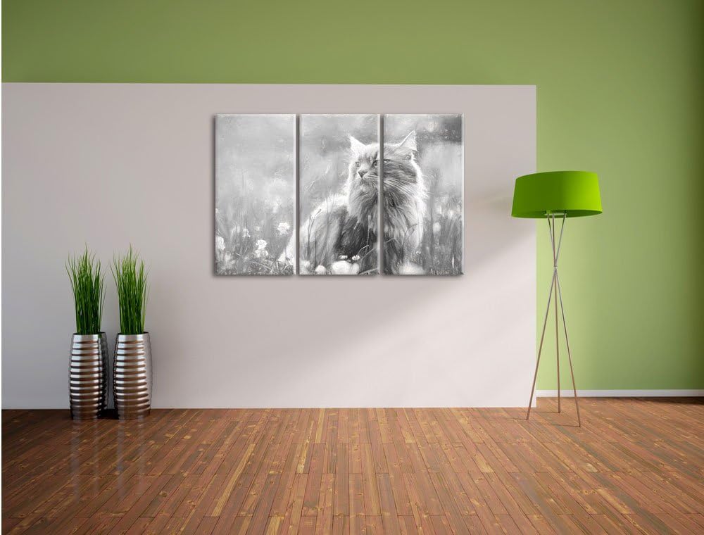 Pixxprint Katze in der Wildnis Kunst Kohle Effekt 3-Teiler Leinwandbild 120x80 Bild auf Leinwand, ri