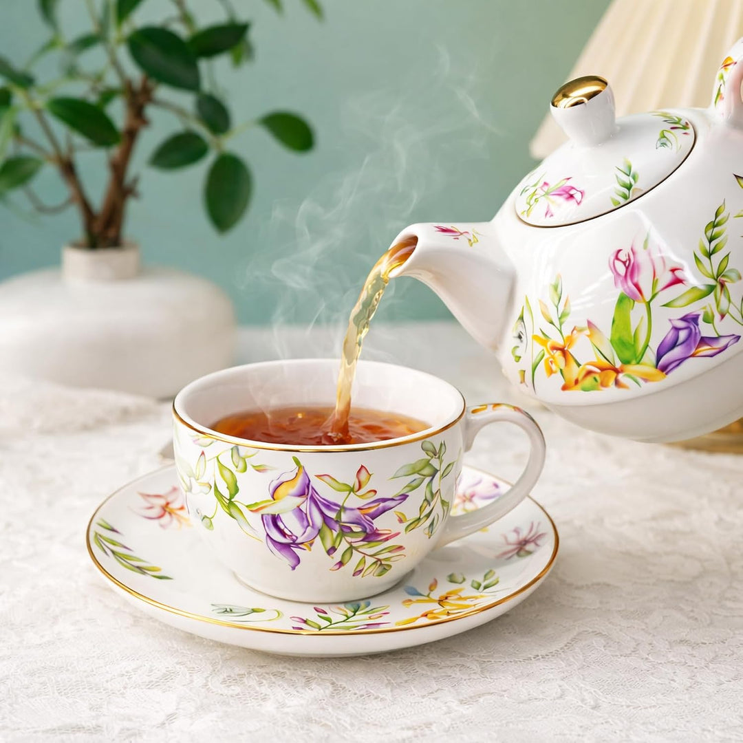 Porcelain Tea for One Set Beautiful Flower Ceramic Teapot with Cup Gifted Box (Tulip), Tulip