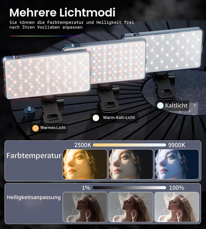 Selfie Licht mit RGB-Vollfarbe, 135 LED 4000mAh CRI96+ LED Videoleuchte mit Hotshoe und Clip,2500K-9