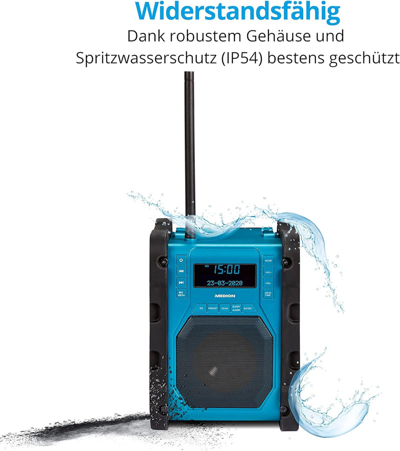 MEDION P66098 DAB+ Baustellenradio mit Bluetooth Funktion, USB, AUX, Kopfhöreranschluss, PLL UKW, RD