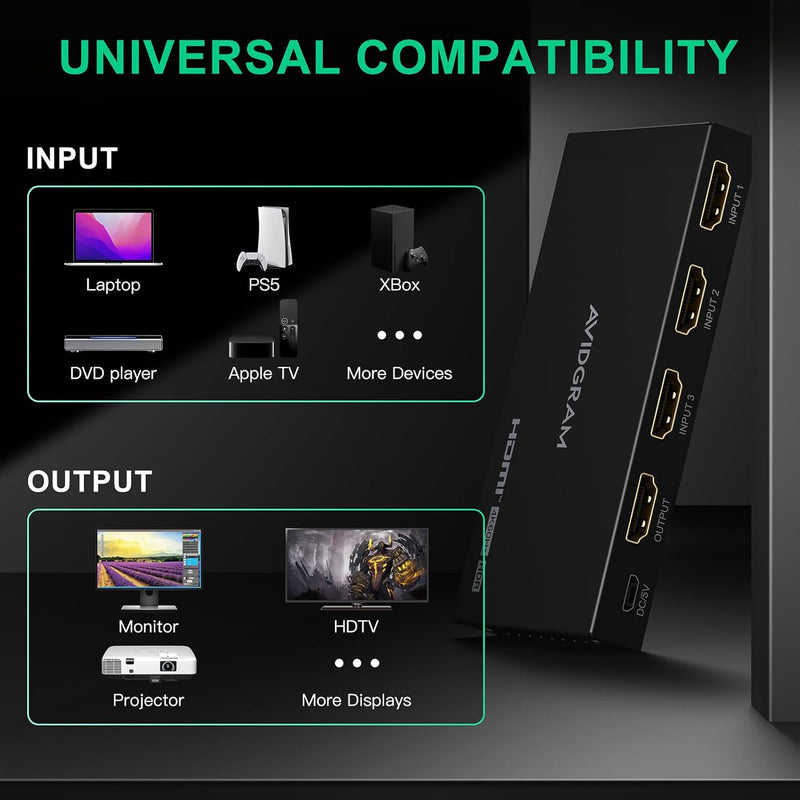 HDMI Switch 4K 60Hz, AVIDGRAM HDMI 2.0 Umschalter 3 in 1 Out, 3 Port HDMI Selector Box mit IR-Fernbe