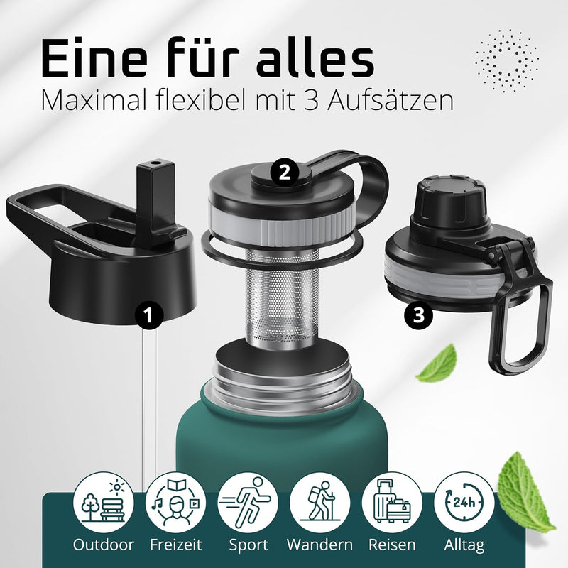 Trinkflasche Edelstahl ACTIVE FLASK + Strohhalm (3 Deckel) BPA-frei, Auslaufsicher, Kohlensäure geei