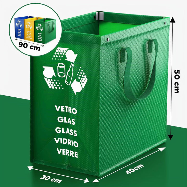PTMS® Mülleimer 3 Fächer MAXI XL extra gross - Mülltrennsystem Taschen für Papier, Glas &amp; Plastik -