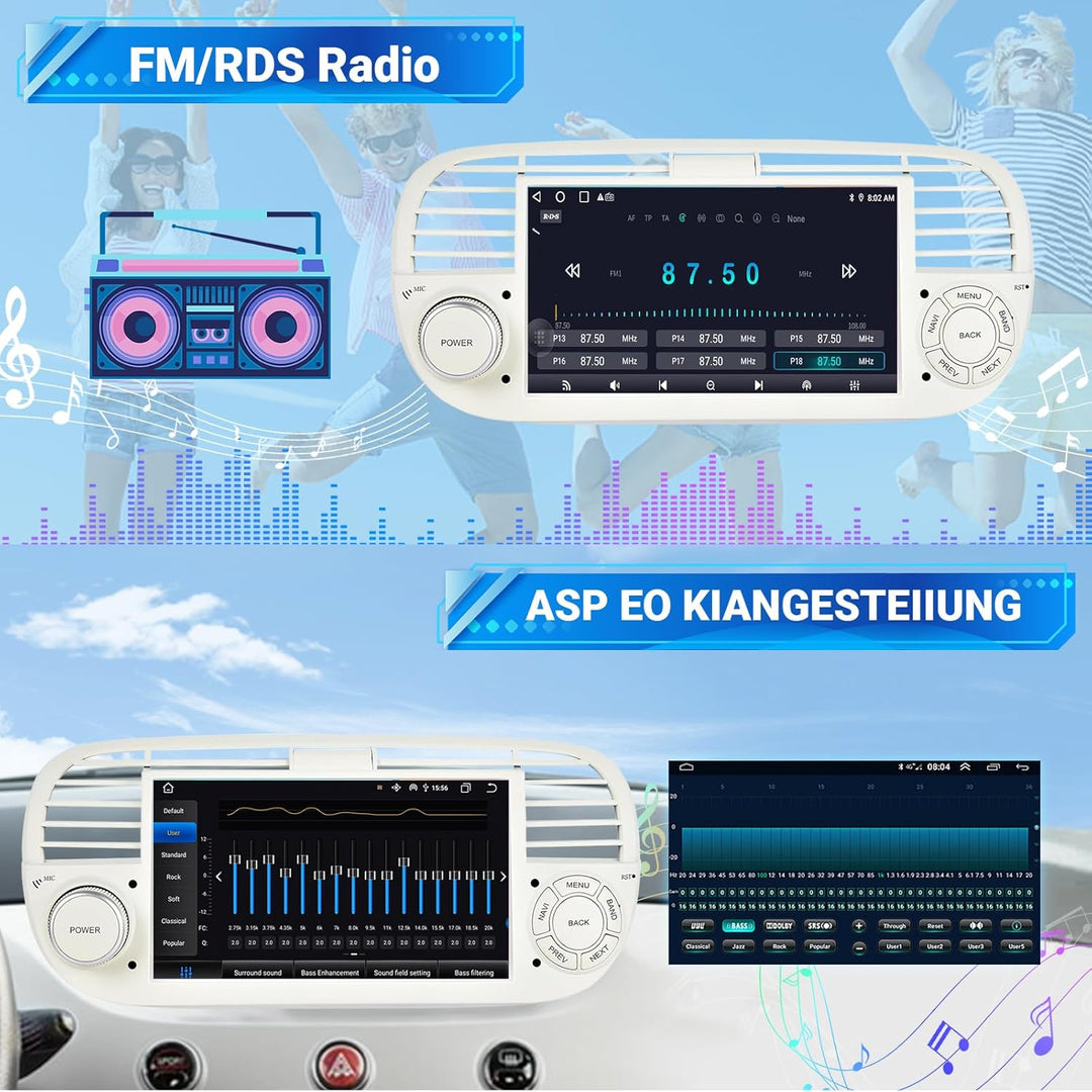 ESSGOO 4+64G Wireless Autoradio mit Carplay und Android Auto Für FIAT 500 2007-2015, Android 14 Auto