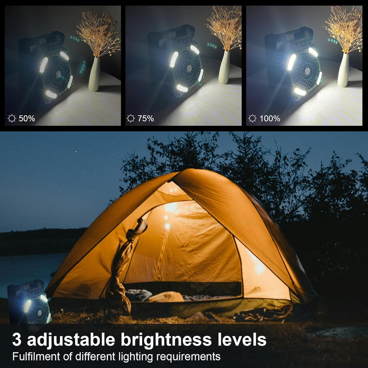 GY Solar Camping Ventilator mit LED-Licht & 10400mAh Akku – 4 in 1 Tragbarer Tischventilator, 4 Gesc