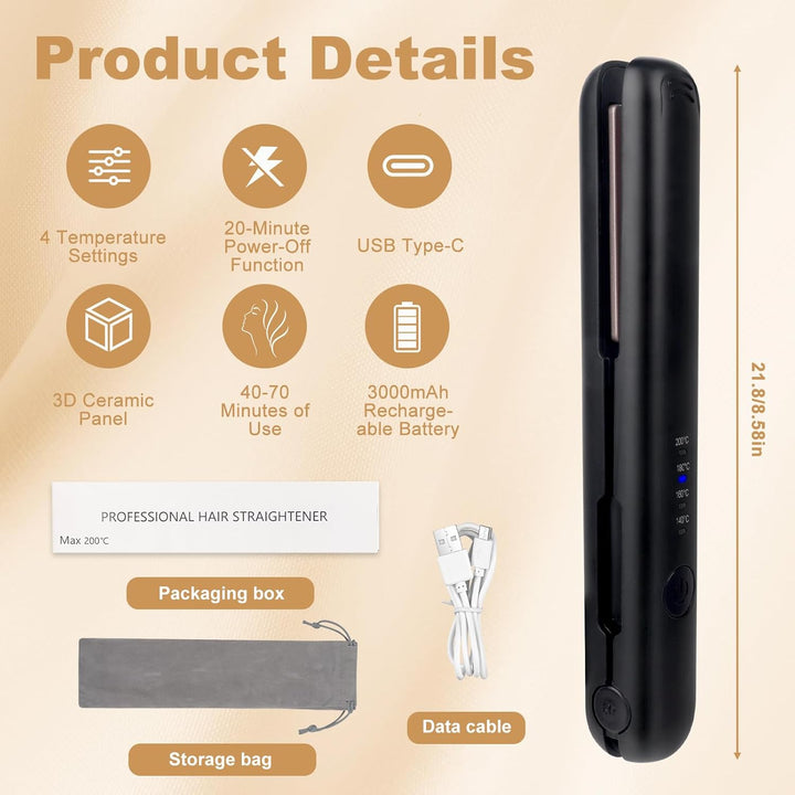 Mini Glätteisen Kabellos, 2 in 1 Haarglätter Glätteisen, Kabelloses glätteisen mit 4 Temperaturen, g