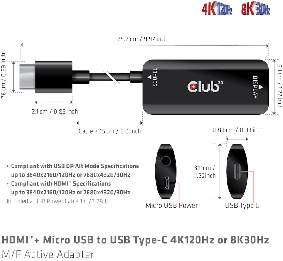 Club 3D CAC-1336 HDMI+ Micro USB auf USB Typ-C 4K120Hz oder 8K30Hz M/F Aktiver Adapter, CAC-1336