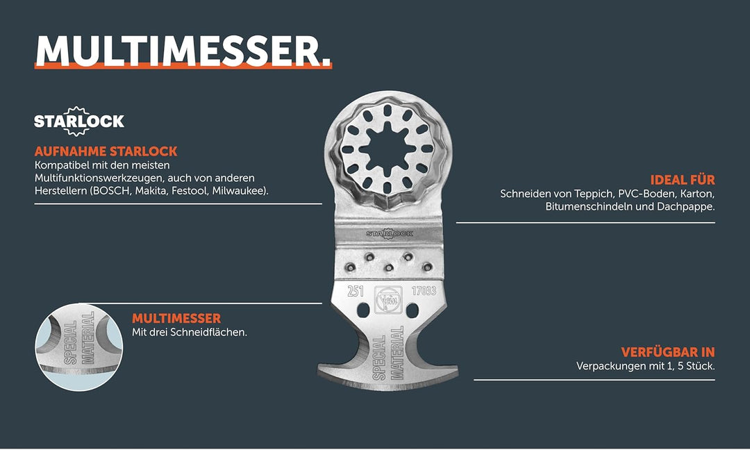 FEIN Multimesser Multifunzione VE 1 St., Mit DREI Schneidflächen, Starlock Aufnahme, Zum Schneiden v