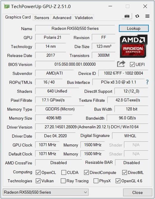 QTHREE Radeon RX 550 Low Profile Grafikkarte, 4GB GDDR5 128-bit, DVI-D, HDMI, VGA, PCI Express x8, D