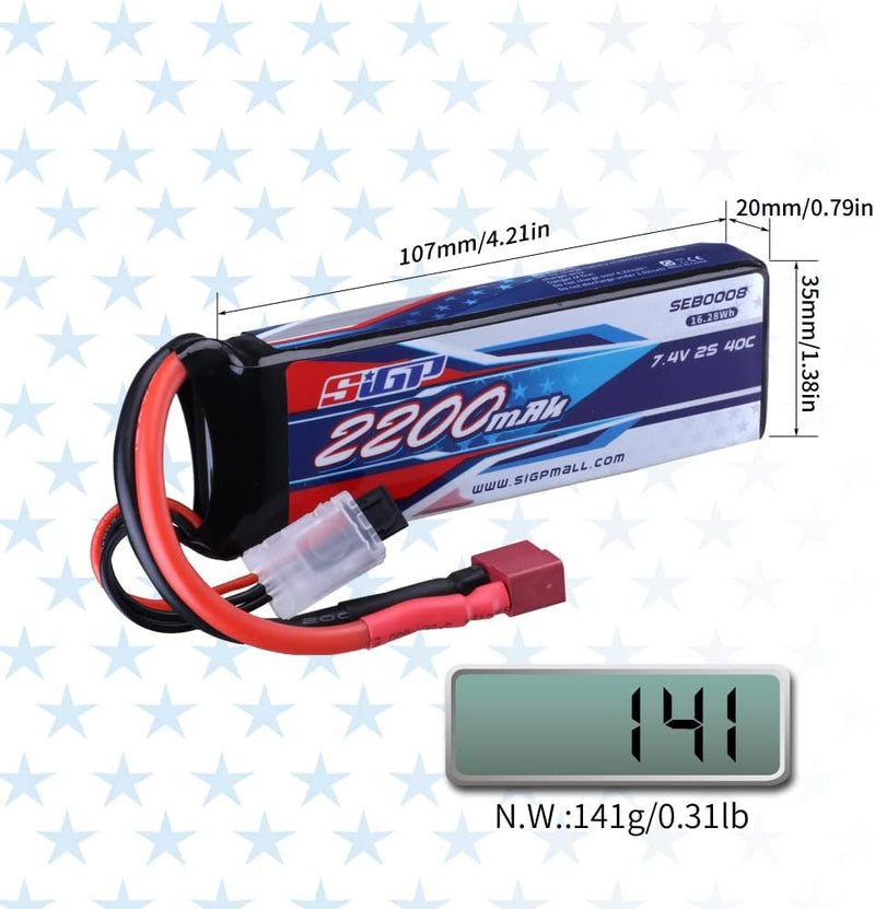 SIGP 2 Stück 2S 7.4V Lipo Akku 2200mAh 40C mit T-Stecker für RC Fahrzeuge,Auto,Tank,LKW,Boot,Truggy