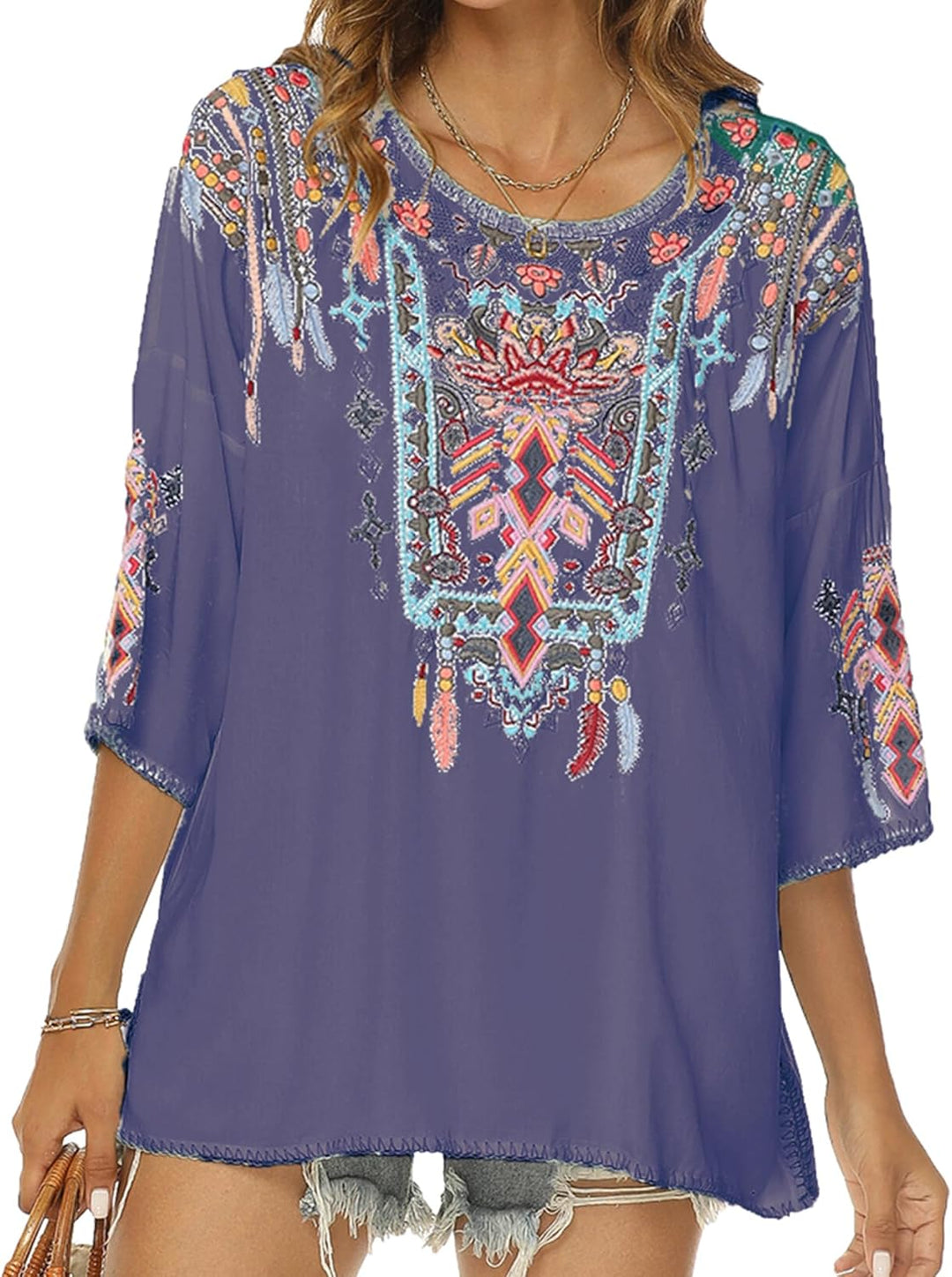 Boho Stickerei Bluse Hippie Kleidung Damen 70er 80er Jahre Bekleidung Bohemian Folklore Besticktes T