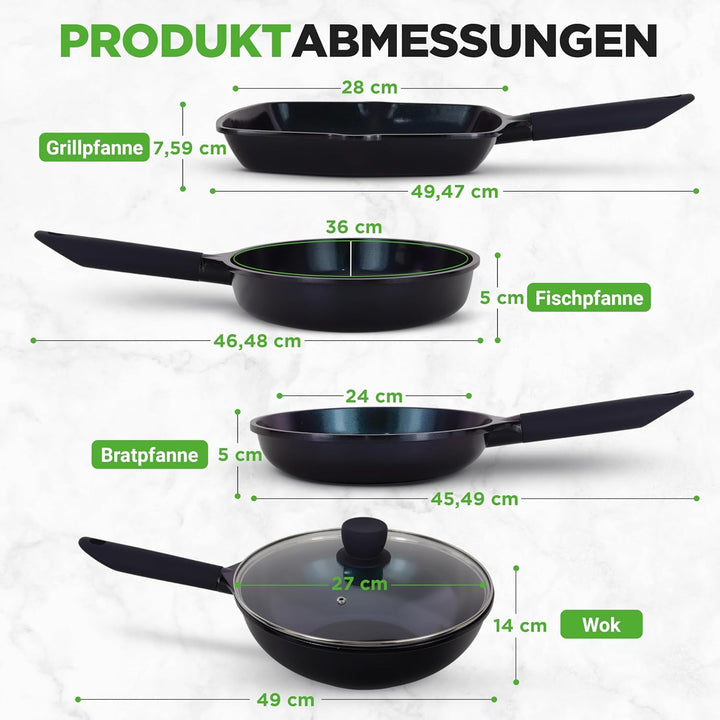 NutriChef Pfannenset 5-teilig – Grillpfanne, Wokpfanne, Bratpfanne 28 cm, Fischpfanne oval, Glasdeck