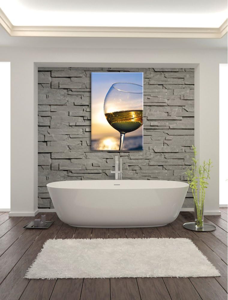Pixxprint Weingläser im Sonnenuntergang am Meer, Format: 100x70 auf Leinwand, 100x70