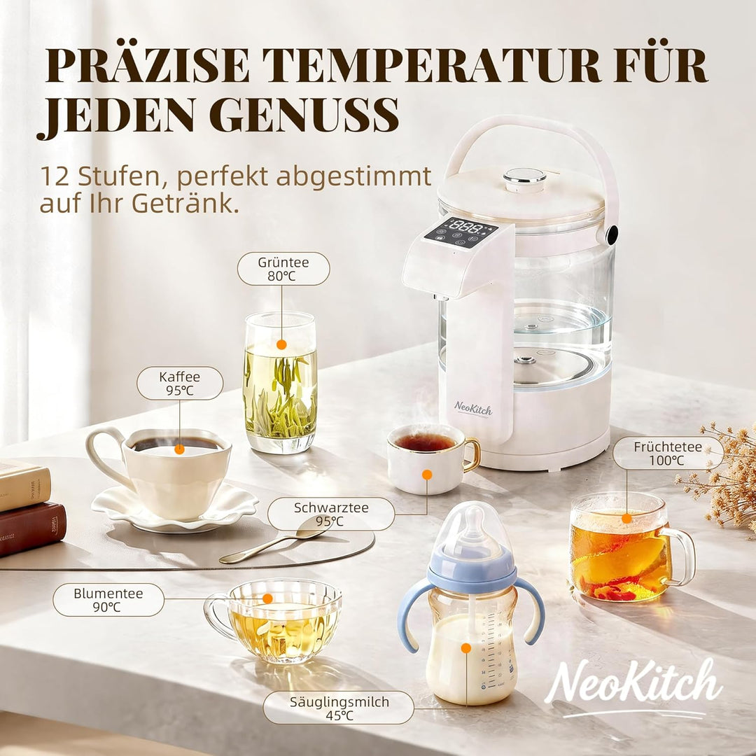 NeoKitchen Glaswasserkocher Temp.-Einst. 40-100°C, 12 Stufen, 2.5L Heisswasserspender, Edelst. 316 &