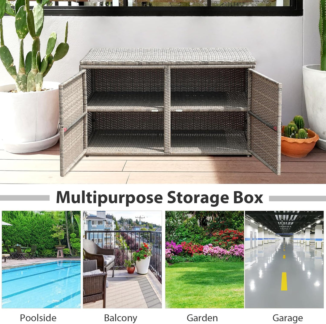 KOMFOTTEU Rattan Auflagenbox, Aufbewahrungstruhe mit Doppeltüren und Deckel, 2 stöckiger Gärtnerschr