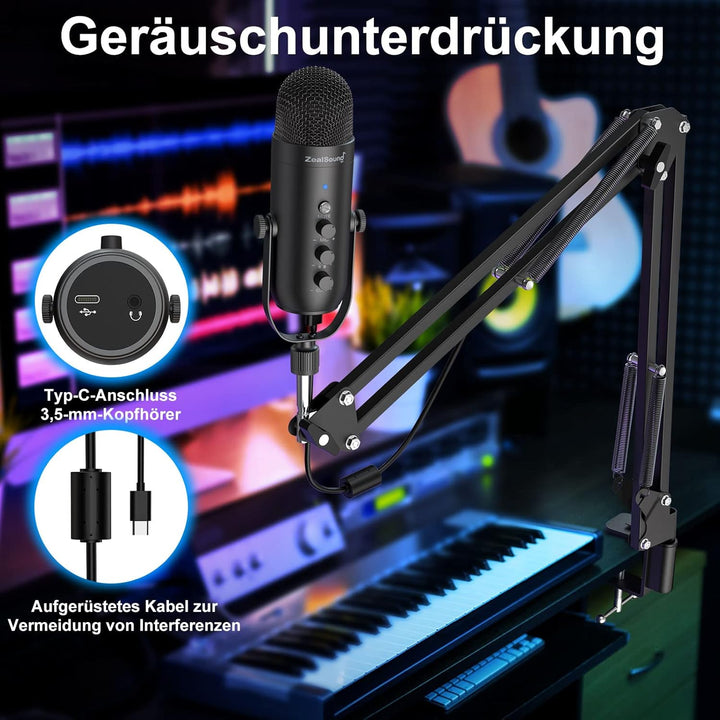 zealsound USB Mikrofon Kit für PC, Handy, PS4/5, MAC, Mit Schneller Stummschaltung,Geräuschunterdrüc
