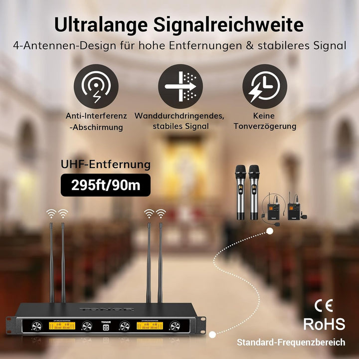 TONOR 4-Kanal UHF Mikrofon Kabellos Set mit Handmikrofon/Bodypack Transmitter/Headset Funkmikrofon/L