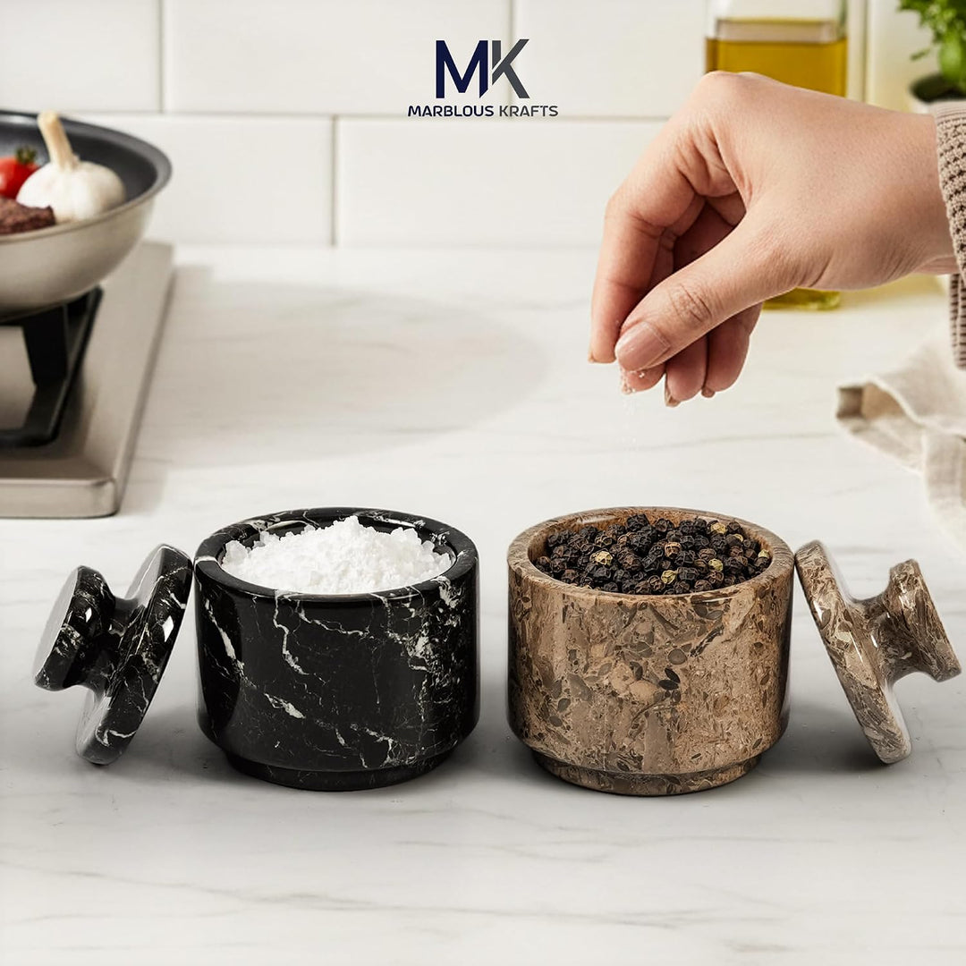MARBLOUS KRAFTS Marmor-Salzkeller mit Deckel, 7,6 cm, Zebra-Schwarz und Ozeanisch, keltischer &amp; Knob