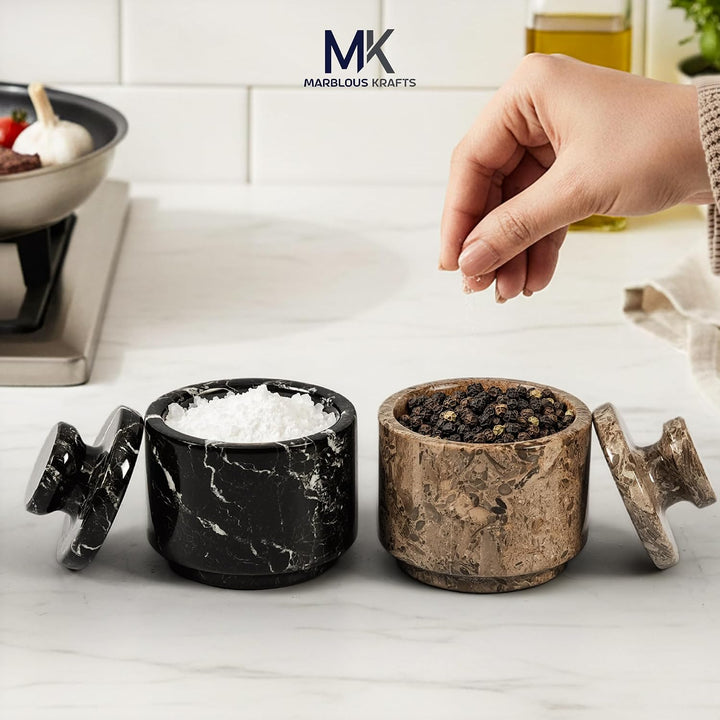MARBLOUS KRAFTS Marmor-Salzkeller mit Deckel, 7,6 cm, Zebra-Schwarz und Ozeanisch, keltischer &amp; Knob