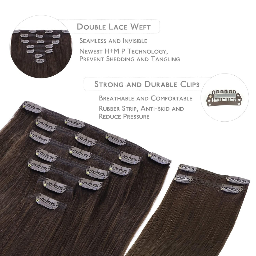WENNALIFE Haarverlängerung mit Clip, Naturhaar, 150 g, 35 cm, 9 Stück, Dunkelbraun, Hellbraun, Exten