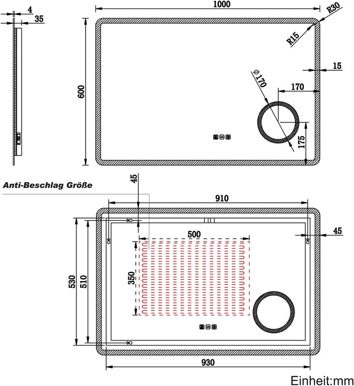 LED Badspiegel 100 x 60 cm Spiegel Bad mit Beleuchtung, 3 Farbe modi, Steckdose, 3X Lupe, Anti-Besch