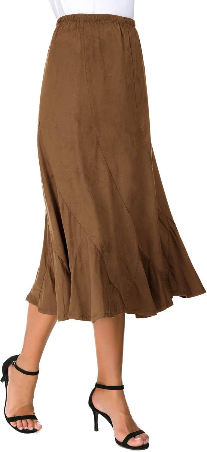 Damen Elegante Elastische Taille Wildleder Lange Midi Röck Casual A-Linie Ausgestellter Swing Rocken