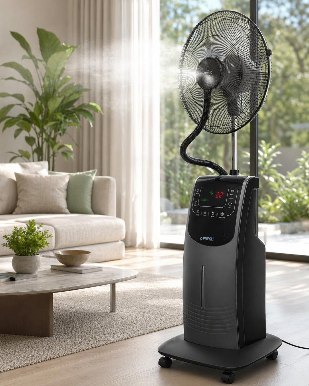 O'FRESH Sprühnebel Ventilator 135cm - Standventilator mit Sprühnebelfuntion - Fernbedienung - Anti-M