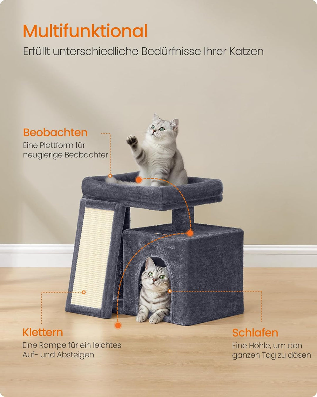 Feandrea Kratzbaum klein, Katzenbaum mit Kratzrampe und grosser Plattform, Katzenkratzbaum mit Höhle