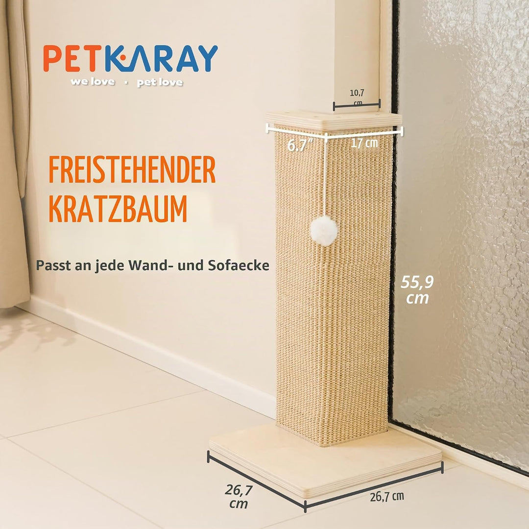 PETKARAY Eck-Kratzbrett für Katzen, 56 cm Hoher Kratzpfosten für Sofa und Wand, Sisal Kratzmatte, Mö